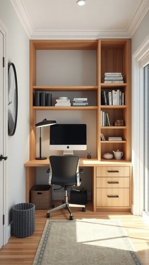 A small home office with built-in shelves and a desk, featuring a computer and a comfortable chair.
