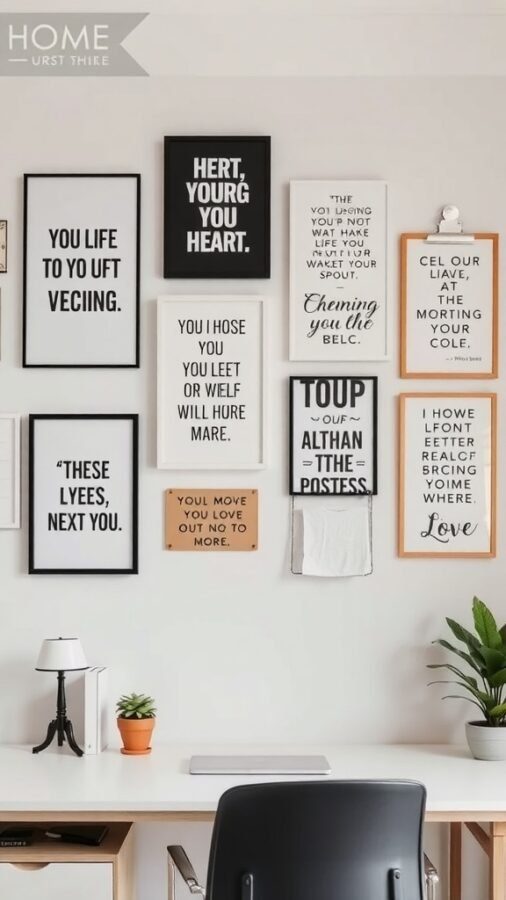 A collection of framed quotes and art pieces on a wall in a home office, featuring motivational messages.