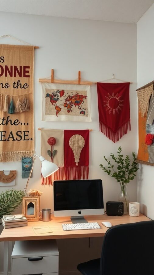 11 Inspiring Home Office Wall Decor Ideas to Boost Your Productivity 10 A cozy home office featuring various textile wall hangings, a desk with a computer, and decorative plants.