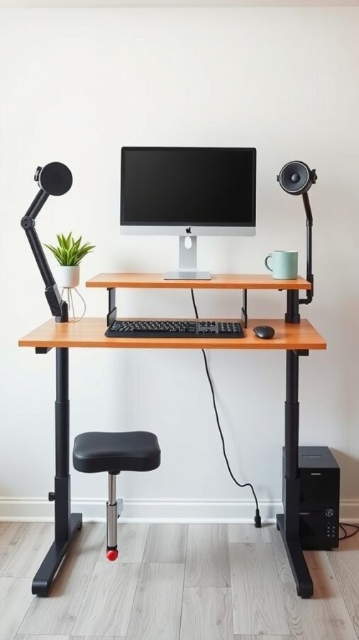 5 Essential Items for Your Standing Desk Home Office 2 A modern standing desk setup with a computer monitor, keyboard, and a plant.