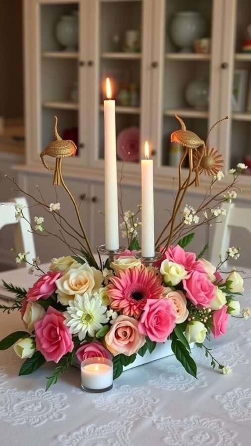 A floral centerpiece with pink roses, gerbera daisies, and candles.