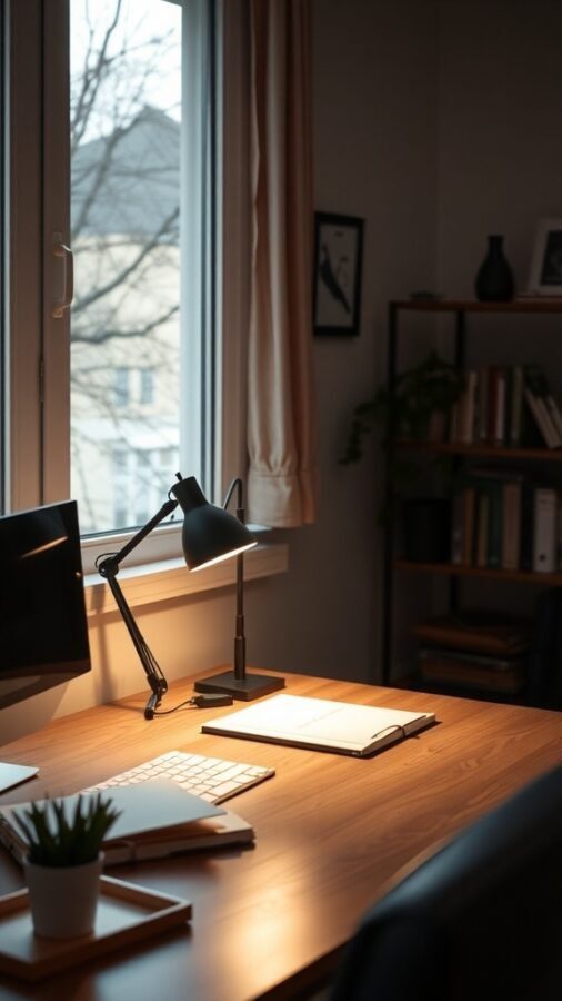 A cozy home office setup with a desk lamp illuminating a workspace, featuring a computer, keyboard, and a small plant.