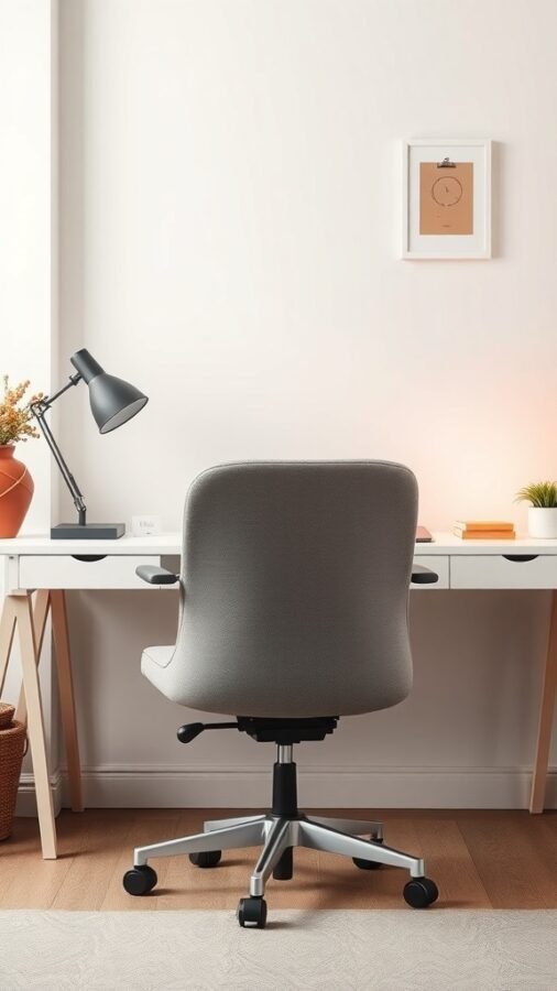 A stylish gray office chair in a feminine home office setting with a desk and lamp.