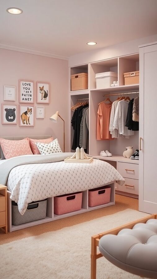 11 Essential Items for a Dreamy Girls' Bedroom Decor 9 A girl's bedroom featuring a bed with storage underneath, colorful bins, and organized closet space.