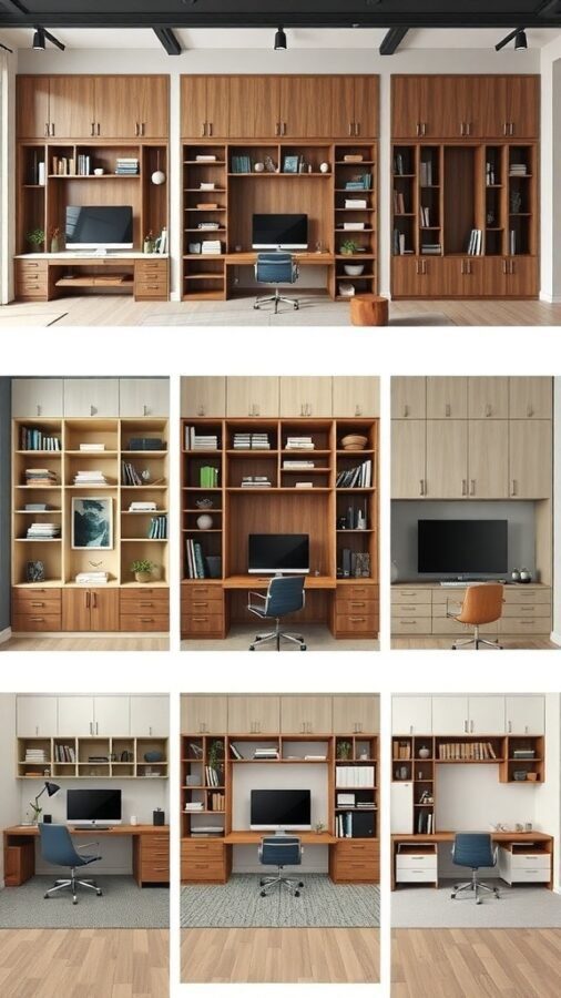 Collage of modern built-in home office designs featuring various wood finishes and layouts.