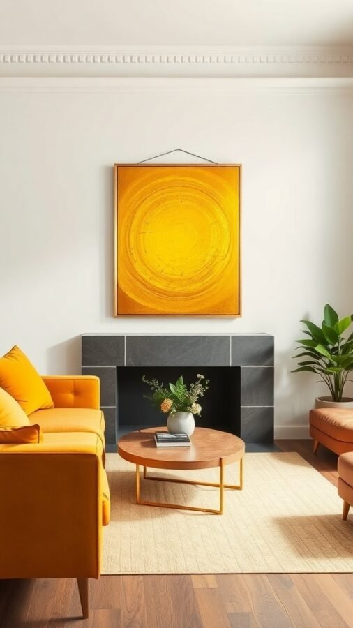A cozy living room featuring golden yellow wall art above a slate fireplace, with an orange sofa and a round coffee table.