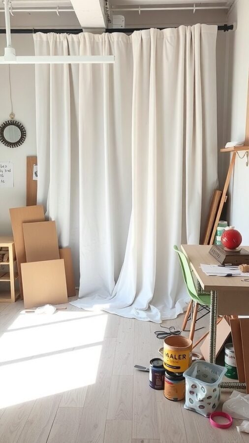 11 Stunning Curtain Ideas to Transform Your Bedroom 2 A room with white curtains, a desk, and some crafting materials scattered around.
