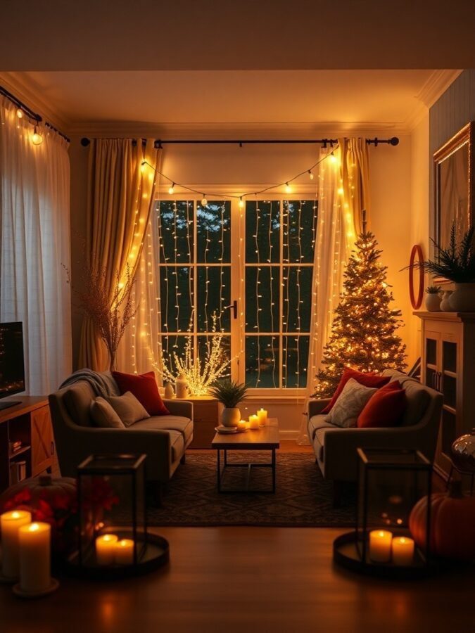 A cozy living room with warm lighting, string lights, and candles.