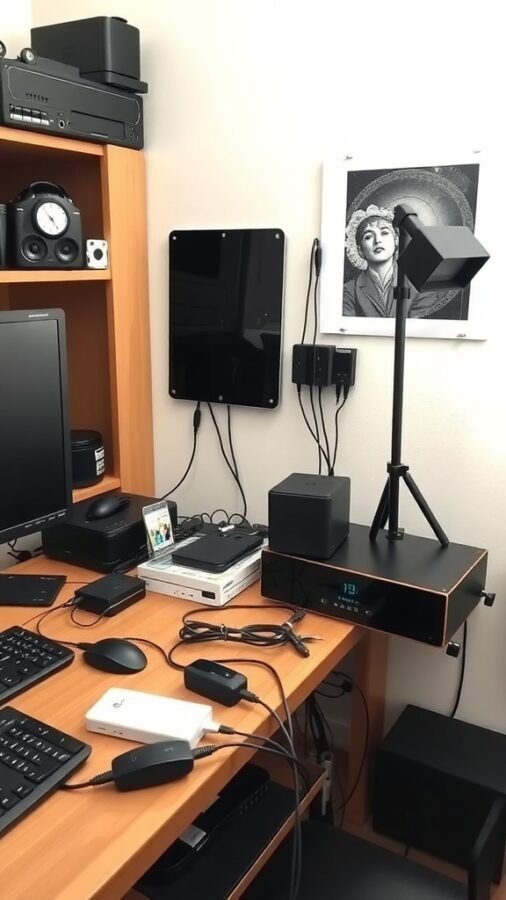 A well-organized home office setup with a computer, devices, and decorative elements.