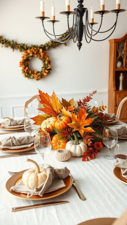 A beautifully arranged harvest-themed centerpiece with pumpkins and autumn leaves on a dining table.