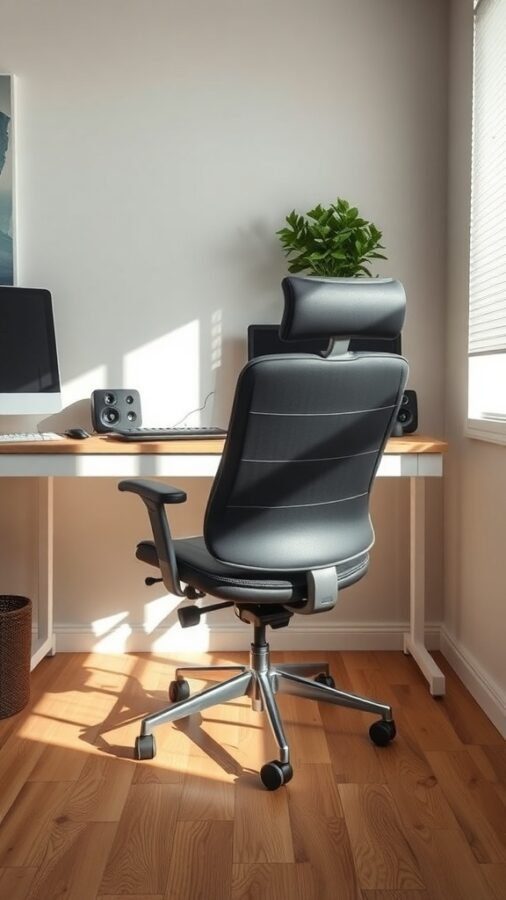 A modern small home office with a comfortable chair, clean desk, and a plant.