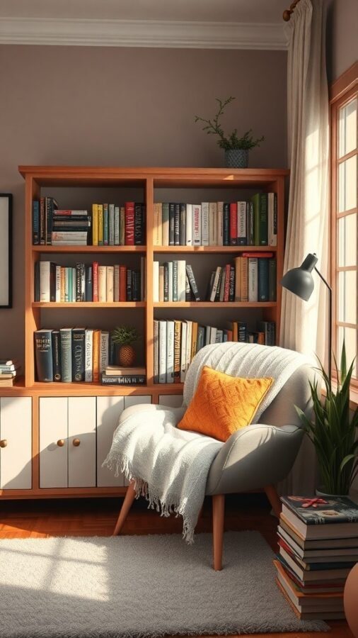 A cozy reading nook with a comfortable chair, a bookshelf filled with books, and warm lighting.