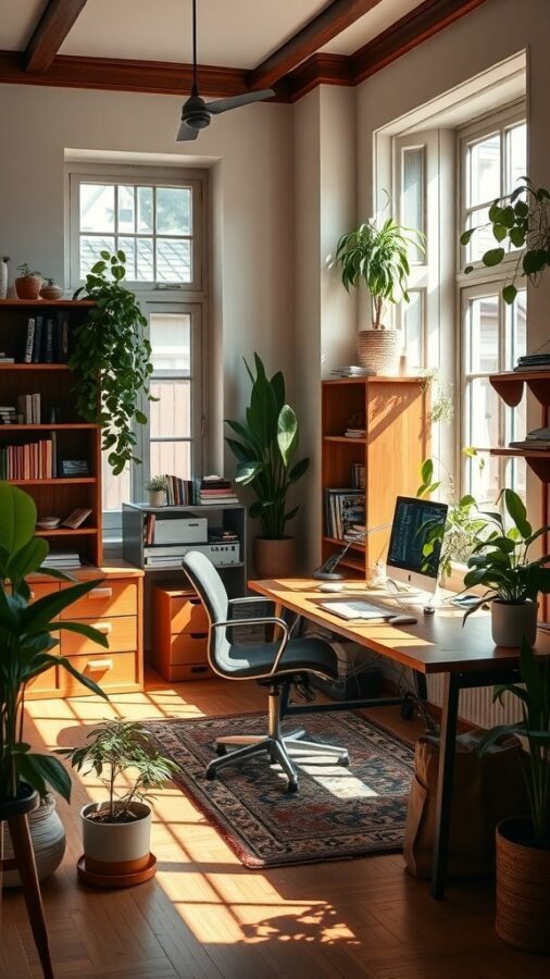 A bright home office with wooden furniture and various indoor plants, showcasing a cozy and natural workspace.