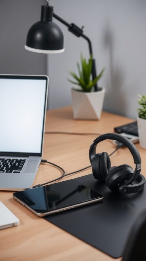 A modern home office desk setup featuring a laptop, headphones, smartphone, and a lamp with plants.