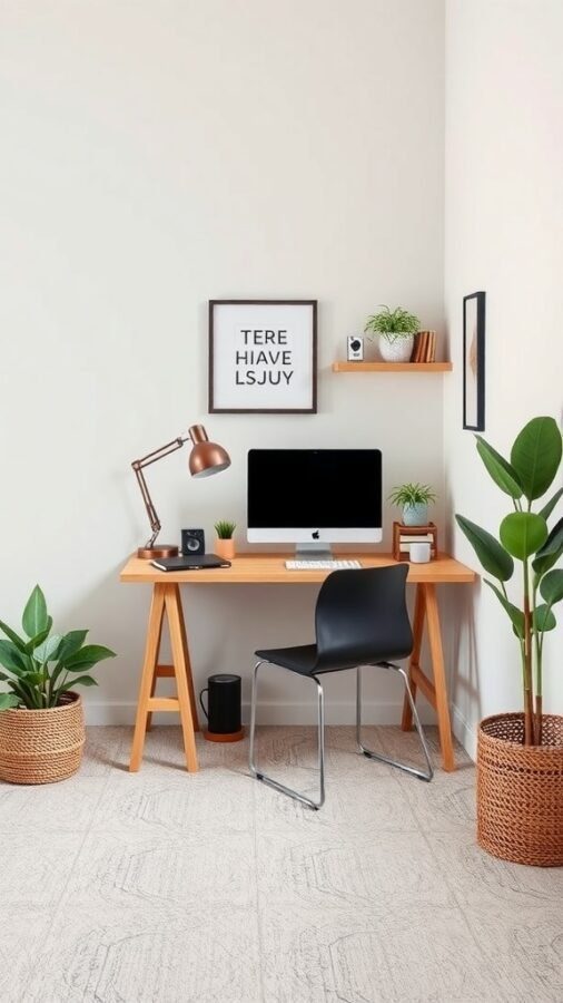 A compact home office desk in a corner with a computer, lamp, and plants.