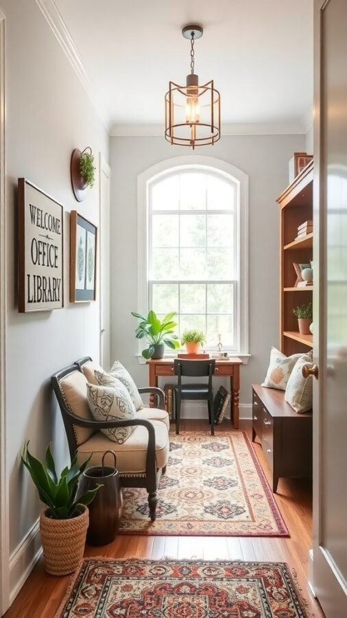 Inviting entryway with a sign that says 'WELCOME OFFICE LIBRARY', a cozy couch, plants, and warm lighting.
