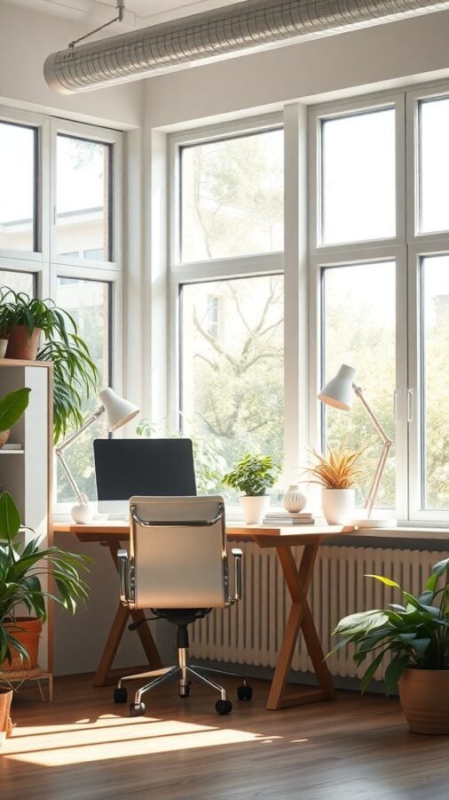 8 Essential Items for the Perfect Home Office Setup 4 A bright home office with large windows, plants, and a desk near the sunlight.