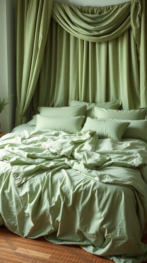 13 Stunning Sage Green Bedroom Ideas for a Serene Retreat 6 A sage green bedroom featuring layered bedding and drapes in soft, muted tones.