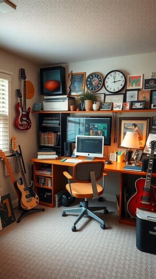 A home office with guitars, books, and personal decor.