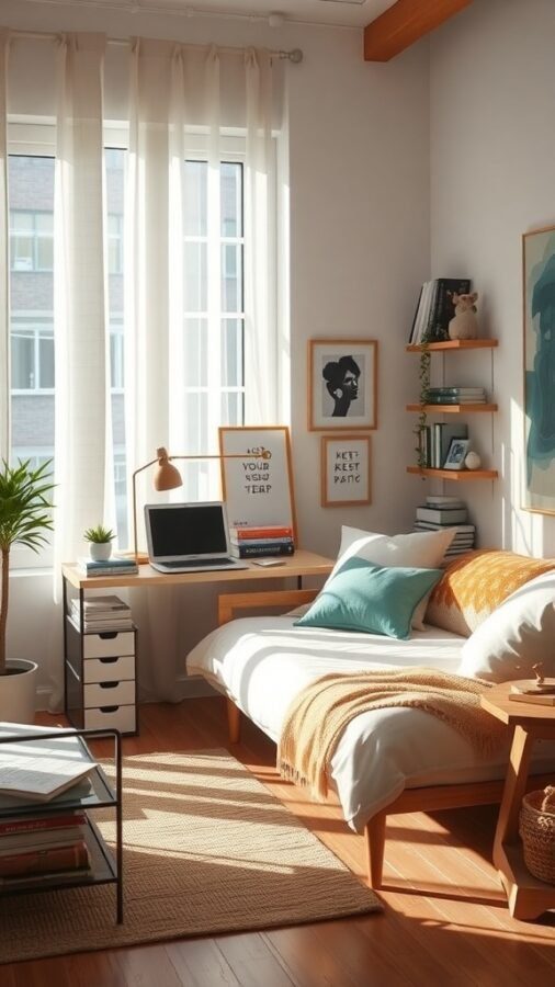 Cozy home office with a daybed layout, featuring a desk, laptop, and natural light.