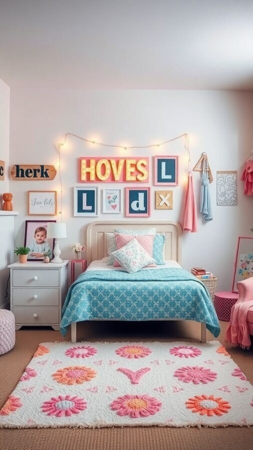 11 Essential Items for a Dreamy Girls' Bedroom Decor 5 A cozy girl's bedroom featuring personalized decor elements like illuminated letters, framed artwork, and colorful bedding.
