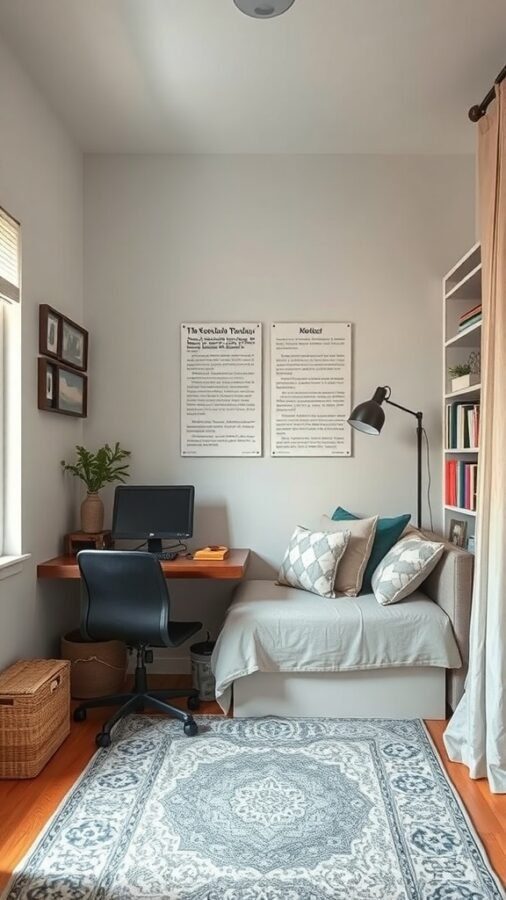 A cozy home office featuring a daybed, desk, and bookshelves, creating a perfect reading nook.