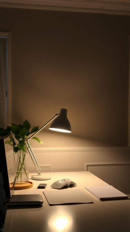 A stylish home office desk with a lamp, plant, and stationery, creating a warm atmosphere.