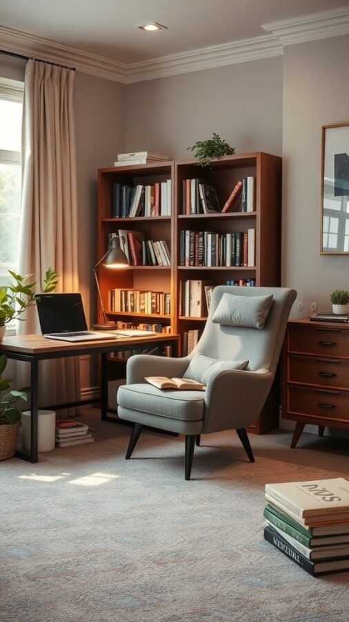 A cozy reading nook in a home office with a comfortable chair, bookshelf, and desk.