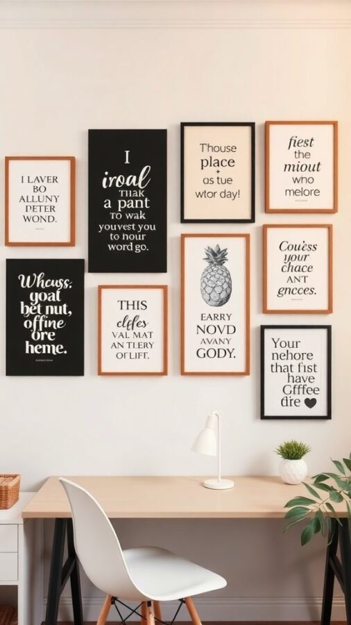 A collection of framed wall art with playful typography in a home office setting.
