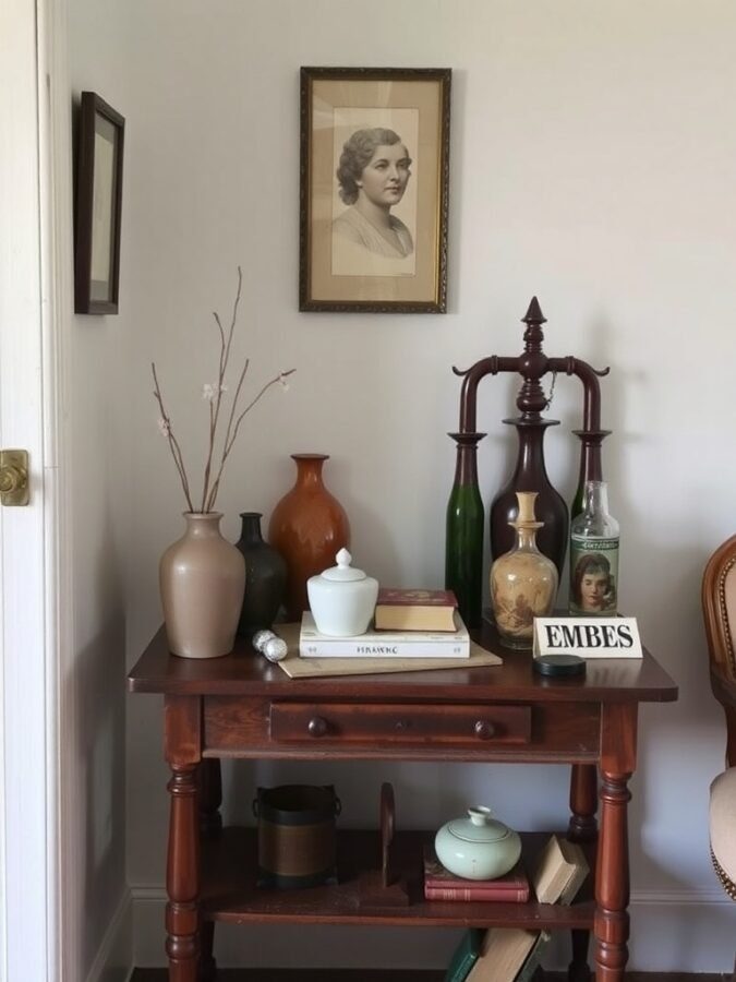 A vintage wooden table with various decorative items including vases, books, and a framed portrait.