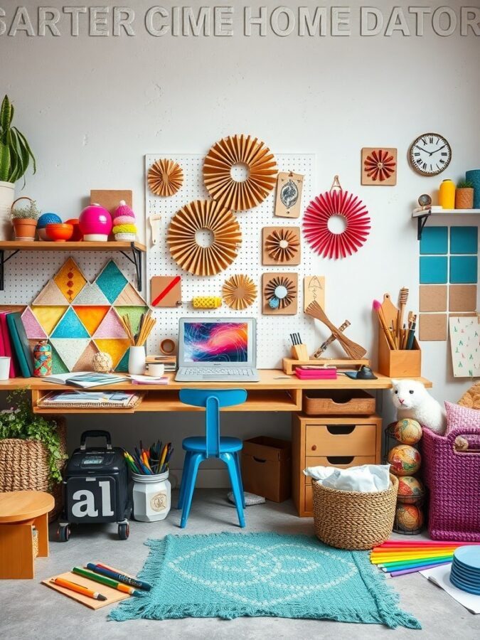 A colorful and creative workspace with DIY decor elements, featuring paper crafts, art supplies, and a cozy rug.