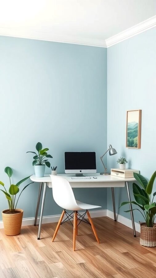 A home office with calming blue walls, a white desk, a computer, and potted plants.