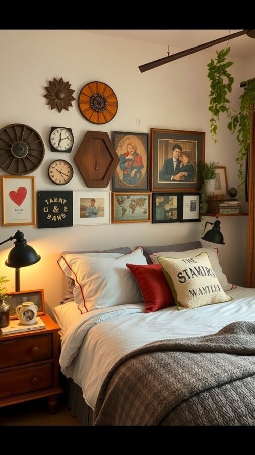 A cozy bedroom corner with a mix of decorative accents, including framed art, a sunburst mirror, and a bedside lamp.