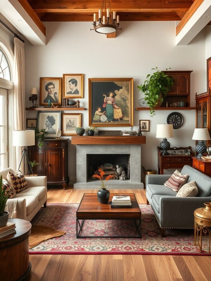 A cozy living room featuring vintage and antique accents, with framed portraits, wooden beams, and a warm atmosphere.