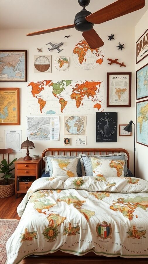 A teen boy's bedroom featuring travel-themed decor with maps and airplane models.