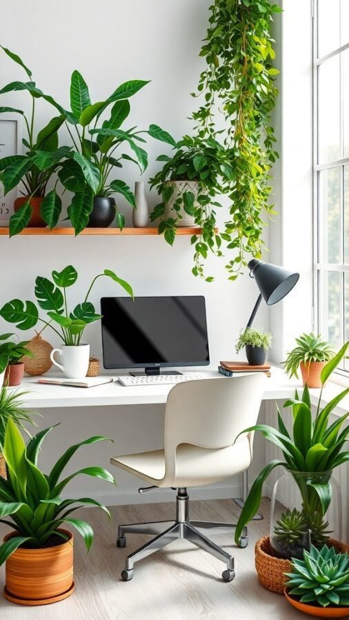 A bright and stylish home office featuring various plants, a desk, and a computer.