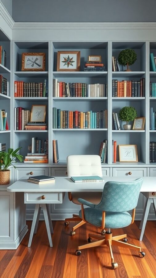A home office library with blue walls, colorful bookshelves, and a stylish desk.