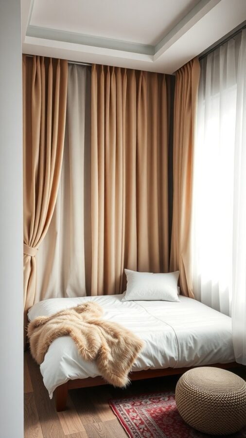 11 Stunning Curtain Ideas to Transform Your Bedroom 10 Cozy small bedroom with soft beige curtains, a white bed, and a fur throw.