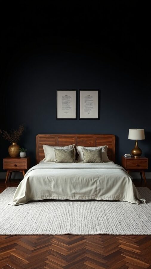A moody bedroom featuring a wooden bed frame, nightstands, decorative pillows, and framed art on dark walls.