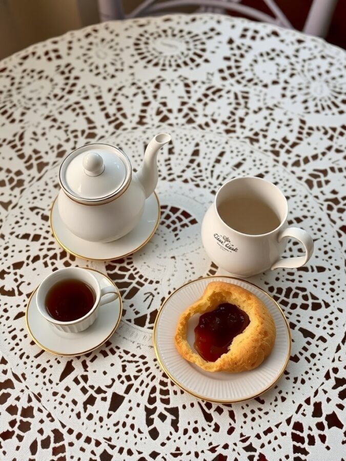12 Charming Grandmacore Home Decor Items You Need to Try 4 A vintage tea set with a teapot, cup, and small jug on a lace tablecloth, accompanied by a pastry.