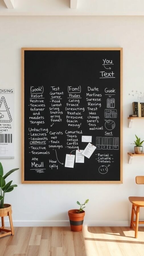 11 Inspiring Home Office Wall Decor Ideas to Boost Your Productivity 8 A large wooden-framed chalkboard filled with notes and lists, set in a bright home office.
