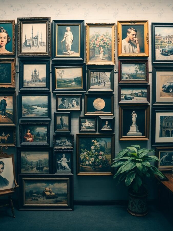 A collection of vintage framed artworks on a wall, showcasing portraits, landscapes, and floral arrangements.