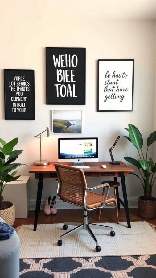 A modern home office with a motivational wall art piece and a sleek desk setup.