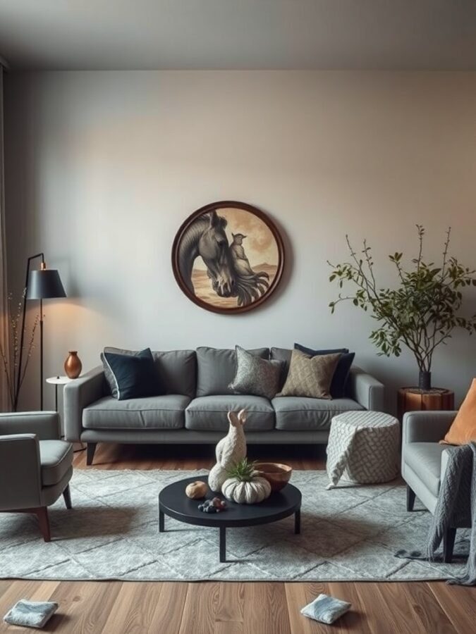 A cozy living room decorated with natural elements for fall, featuring a sofa, pumpkins, and plants.