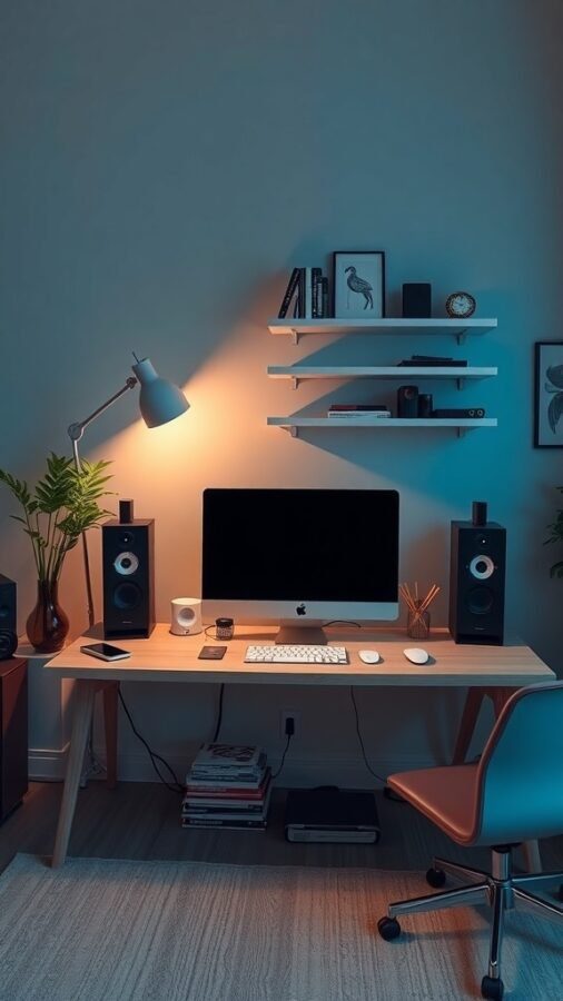 A stylish female home office featuring a modern computer, speakers, a desk lamp, and decorative shelves.