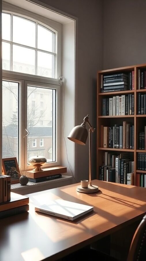 A cozy home office library with a desk by a window, featuring a lamp and bookshelves.