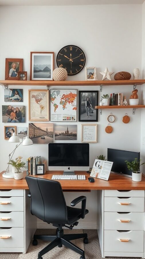 A stylish home office with personal decor including photos, a world map, and plants.