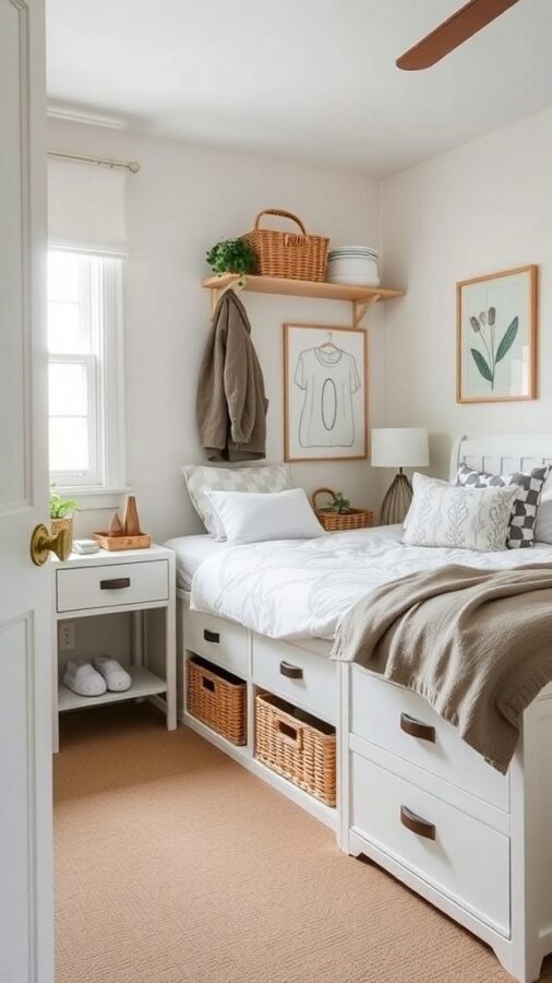 13 Essential Items for a Cozy Bedroom Retreat 9 Cozy bedroom with built-in storage and warm decor
