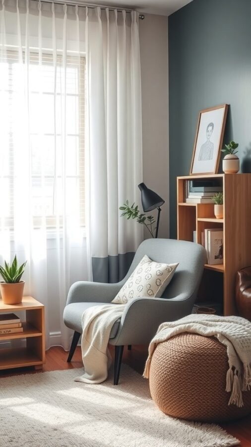 A cozy home office corner with a soft armchair, a knitted pouf, and plants, designed for relaxation.
