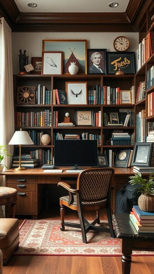 A cozy home office library with wooden shelves filled with books, a desk with a computer, and decorative art pieces.